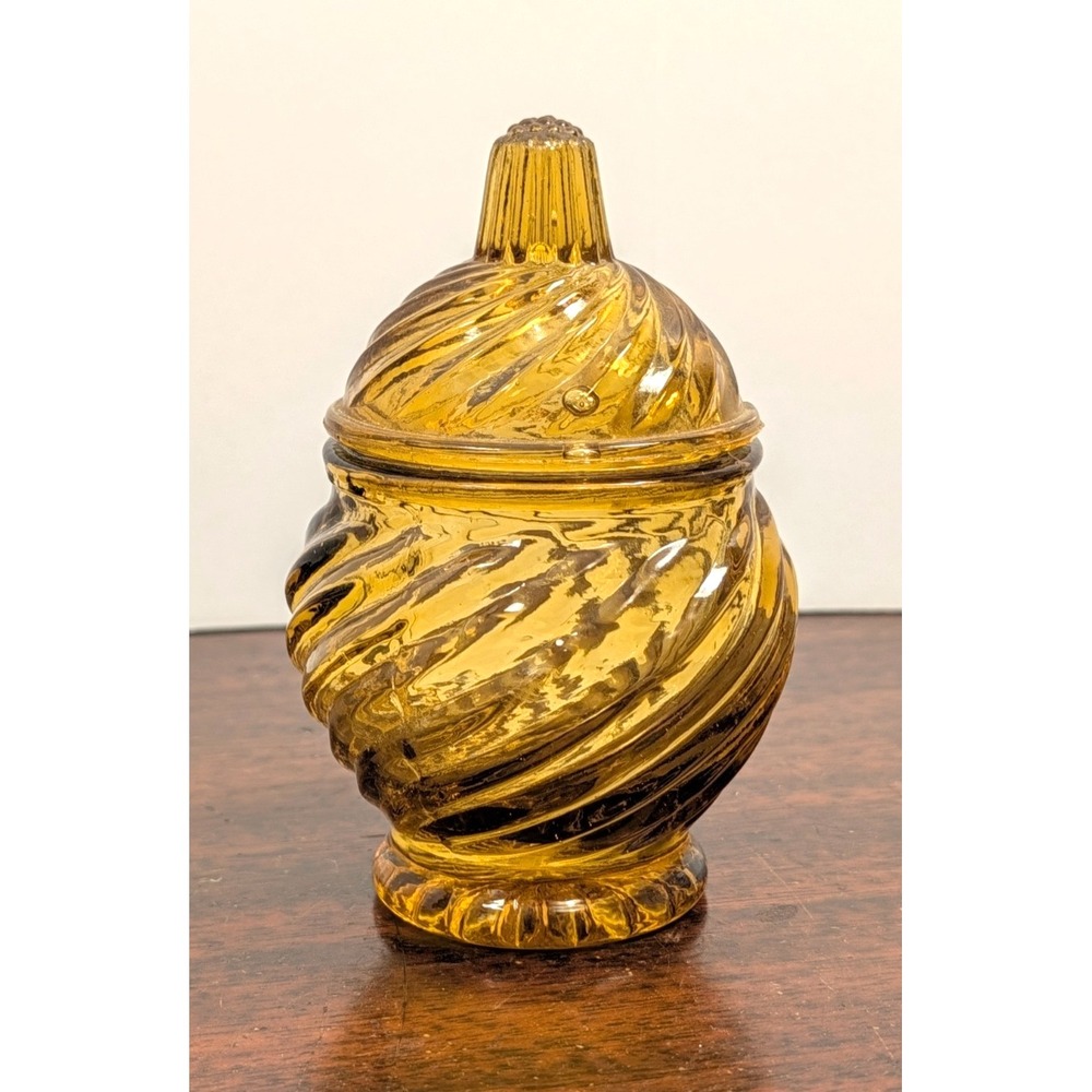 Vintage Amber Swirl Glass Mustard Jam Jar w Lid Spoon Slot MCM Retro‎ Tableware